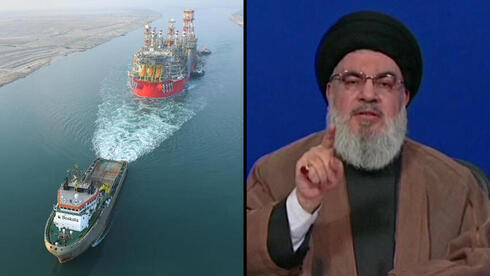 Plataforma de gas natural Karish. Derecha: el líder de Hezbolá, Hassan Nasrallah. 