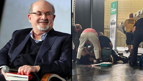 Salman Rushdie a la izquierda, y a la derecha, una escena de los momentos posteriores al ataque. 