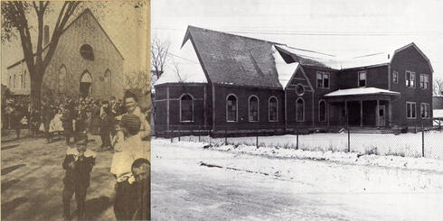 A la izquierda, la sinagoga original de Burlington, Ohavi Zedek. A la derecha, la segunda sinagoga, Chai Adam. 