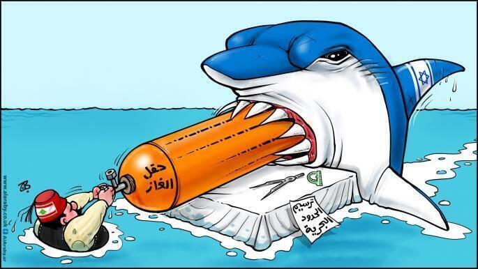 Caricatura que representa a un libanés sacando gas del tiburón israelí (Karish)