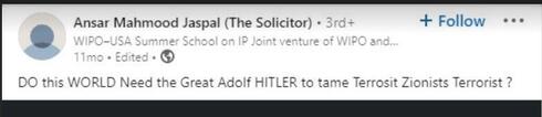 Publicación antisemita en LikedIn, señalada por el organismo de vigilancia de Internet FOA.