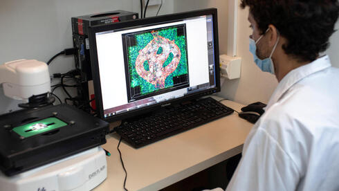 Un investigador israelí examina una imagen al microscopio de un tubo de un vaso sanguíneo rodeado de tejidos cancerosos, como parte de una investigación sobre el cáncer cerebral que utiliza las células de los pacientes para hacer modelos impresos en 3D de los tumores, en la Universidad de Tel Aviv. 