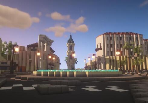 Una rotonda recreada en Minecraft por Build Israel junto a edificios cercanos, en la ciudad de Jaffa.