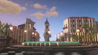 Una rotonda recreada en Minecraft por Build Israel junto a edificios cercanos, en la ciudad de Jaffa.