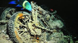 Un pez nada cerca de uno de los restos de la motocicleta en los restos del naufragio del barco británico SS Thistlegorm.