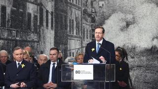 El Presidente Issac Herzog en la ceremonia de conmemoración de los 80 años del levantamiento del gueto de Varsovia.