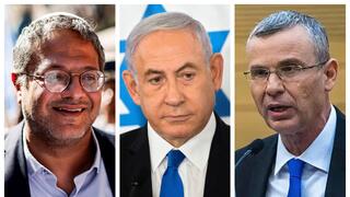 El ministro de Seguridad Nacional, Ben Gvir, el primer ministro, Netanyahu, y el ministro de Justicia, Levin.