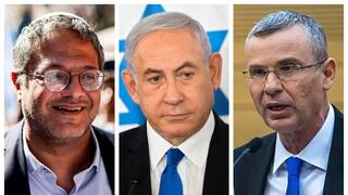 El ministro de Seguridad Nacional, Ben Gvir, el primer ministro, Netanyahu, y el ministro de Justicia, Levin.