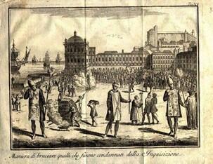Ceremonia de Auto-da-Pa de la Inquisición, y quemado en la hoguera en la principal plaza comercial de Lisboa, Praça do Comercio. 
