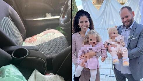 A la derecha, Meir y Tal Tamari y sus hijos; a la izquierda, el coche de Tamari tras el atentado. (Ynet) A la derecha, Meir y Tal Tamari y sus hijos; a la izquierda, el coche de Tamari tras el atentado.
