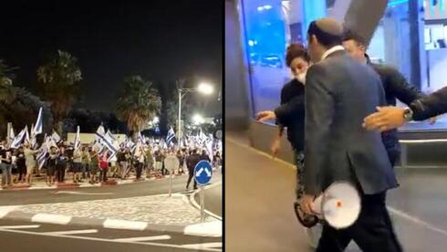 La manifestación en Cesarea y el megáfono en mano del legislador Rotman, tras habérselo arrebatado a una mujer que protestaba. 