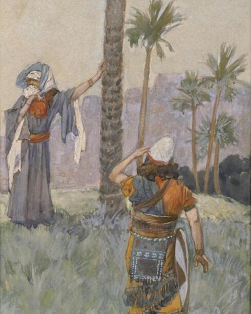 Débora, la profetisa bíblica, bajo una palmera mirando a Barac, hijo de Abinoam, equipado con un escudo.