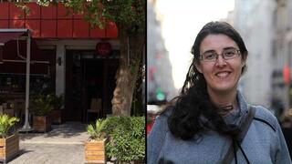 Elizabeth Tsurkov y la cafetería en la que fue secuestrada.