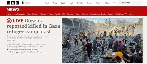 Titular y foto de la BBC tras el ataque en Jabaliya. 