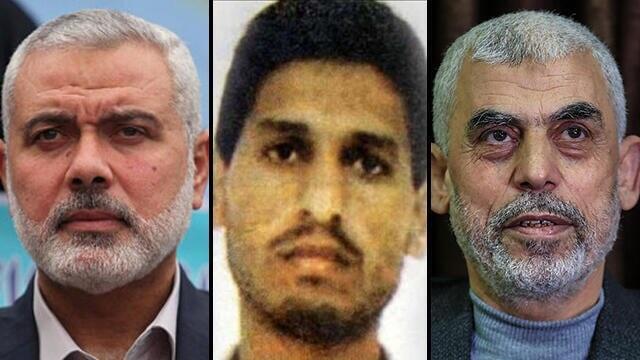 Líderes de Hamás Ismail Haniyeh, Mohammed Deif y Yahya Sinwar.