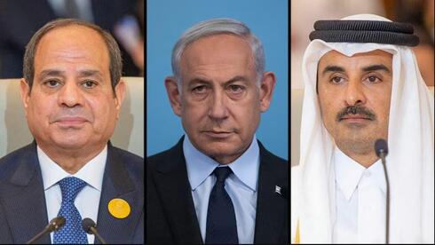 El presidente egipcio, el primer ministro israelí y el emir qatarí antes de otra ronda de negociaciones. 