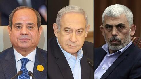 Al-Sisi, presidente de Egipto; Netanyahu, primer ministro de Israel, y Sinwar, líder de Hamás en Gaza. 