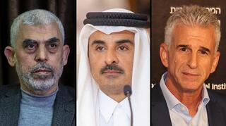 El líder de Hamás en Gaza, Yahya Sinwar, el emir qatarí Tamim bin Hamad Al Thani y el director del Mossad, David Barnea.