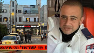 Ya'qub Tuchi con uniforme de la MDA y la escena del tiroteo en Jaffa.  